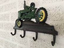 Farmhouse design coat rack with agricultural tractor, John Deere